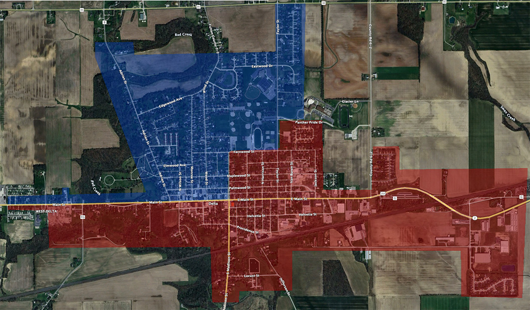 Village of Delta Recycling map showing red and blue sections
